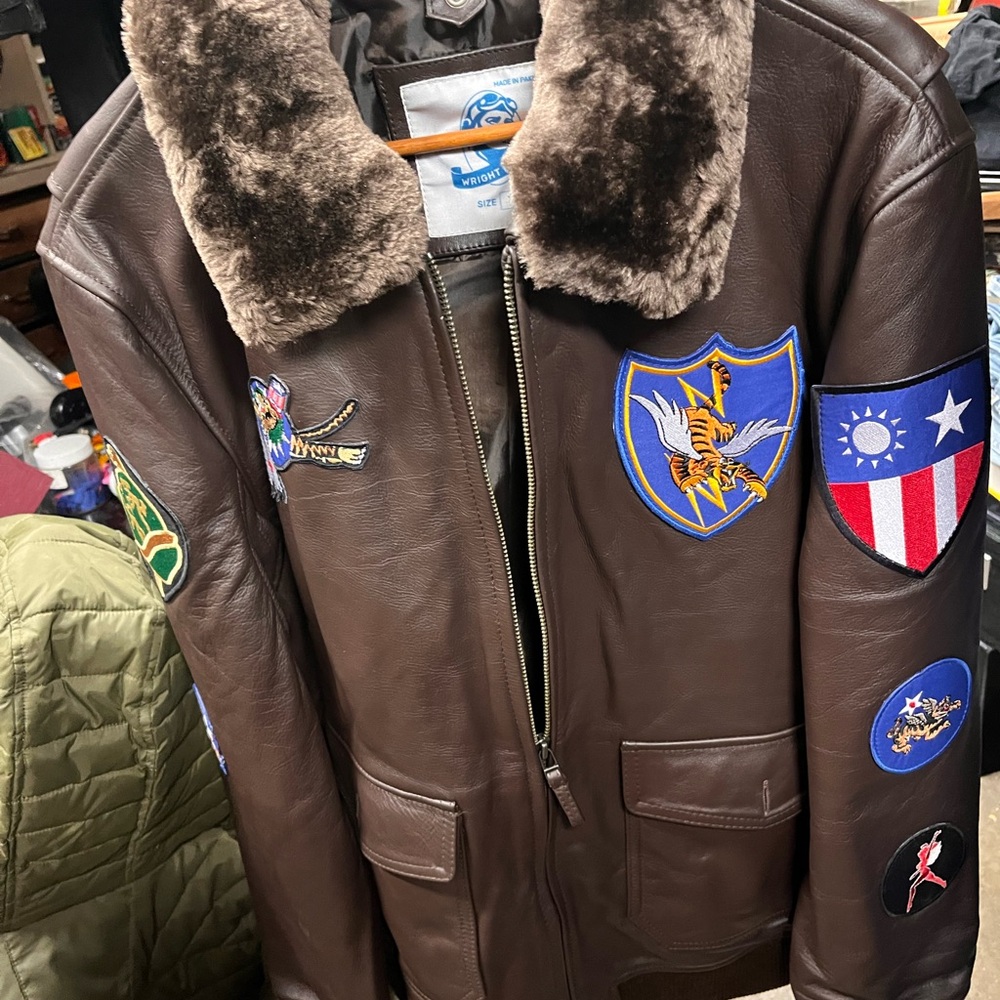 Men’s leather, extra large bomber jacket made by the right brothers in brown